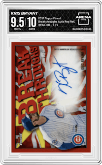 Kris Bryant from the 2017 Topps Finest set featuring a Red Refractor parallel graded by Arena Club and given an overall grade of 9.5.