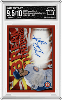 Kris Bryant from the 2017 Topps Finest set featuring a Red Refractor parallel and given an overall grade of 9.5.