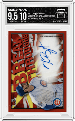 Kris Bryant from the 2017 Topps Finest set featuring a Red Refractor parallel graded by Arena Club and given an overall grade of 9.5.