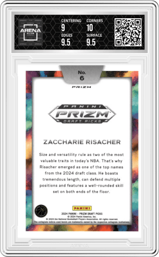 Zaccharie Risacher from the 2024 Panini Prizm Draft Picks set graded by Arena Club and given an overall grade of 9.5.