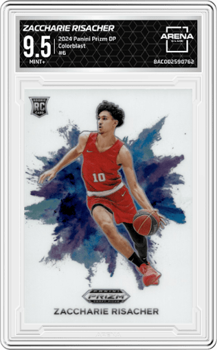 Zaccharie Risacher from the 2024 Panini Prizm Draft Picks set graded by Arena Club and given an overall grade of 9.5.