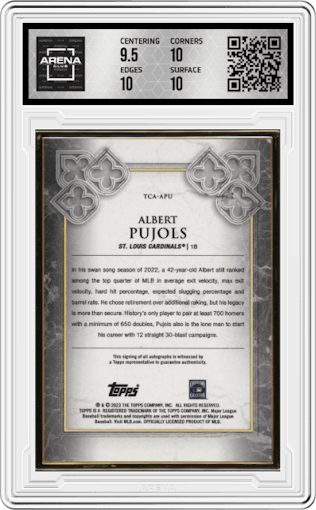 Albert Pujols from the 2023 Topps Transcendent Collection set featuring a Blue parallel graded by Arena Club and given an overall grade of 10.