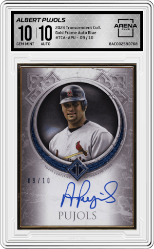 Albert Pujols from the 2023 Topps Transcendent Collection set featuring a Blue parallel graded by Arena Club and given an overall grade of 10.