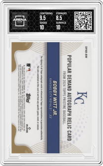 Bobby Witt Jr. from the 2024 Topps Pristine set featuring a Gold Refractor parallel and given an overall grade of 9.