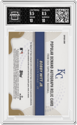 Bobby Witt Jr. from the 2024 Topps Pristine set featuring a Gold Refractor parallel graded by Arena Club and given an overall grade of 9.
