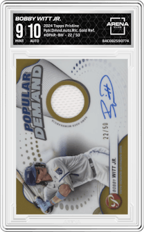 Bobby Witt Jr. from the 2024 Topps Pristine set featuring a Gold Refractor parallel and given an overall grade of 9.