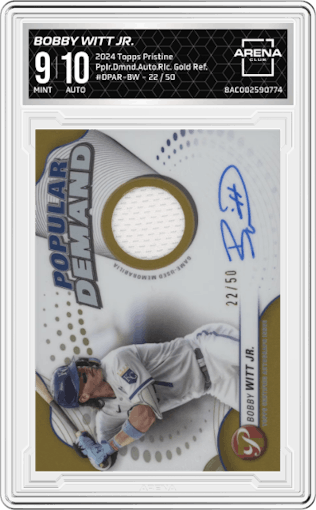 Bobby Witt Jr. from the 2024 Topps Pristine set featuring a Gold Refractor parallel graded by Arena Club and given an overall grade of 9.