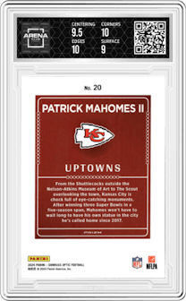 Patrick Mahomes II from the 2024 Donruss Optic set graded by Arena Club and given an overall grade of 9.5.