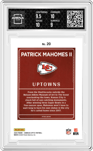 Patrick Mahomes II from the 2024 Donruss Optic set graded by Arena Club and given an overall grade of 9.5.
