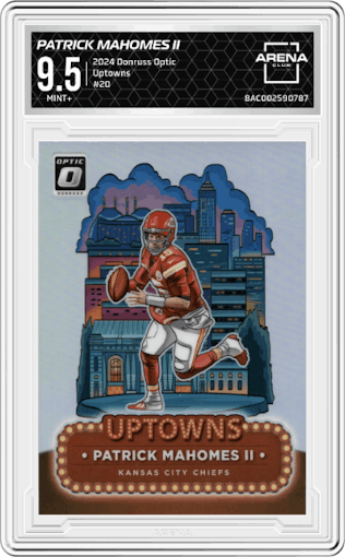 Patrick Mahomes II from the 2024 Donruss Optic set graded by Arena Club and given an overall grade of 9.5.