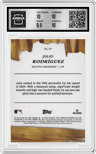 Julio Rodriguez from the 2024 Bowman's Best set graded by Arena Club and given an overall grade of 10.
