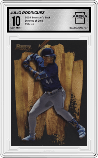 Julio Rodriguez from the 2024 Bowman's Best set graded by Arena Club and given an overall grade of 10.