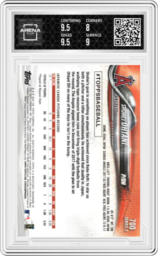 Shohei Ohtani from the 2018 Topps Series 2 set graded by Arena Club and given an overall grade of 8.5.