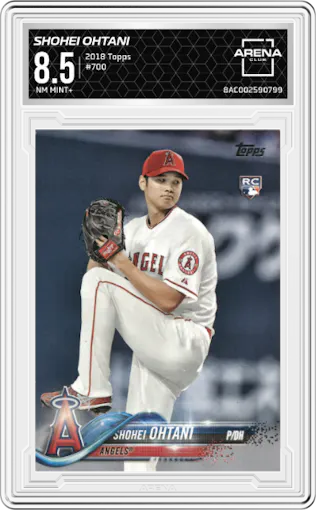 Shohei Ohtani from the 2018 Topps Series 2 set graded by Arena Club and given an overall grade of 8.5.