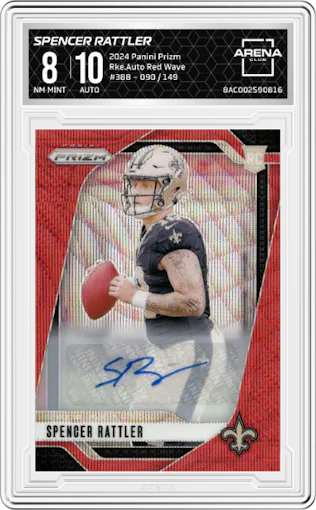 Spencer Rattler from the 2024 Panini Prizm set featuring a Red Wave parallel graded by Arena Club and given an overall grade of 8.