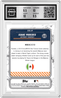 Isaac Paredes from the 2020 Bowman set featuring a Red Refractor parallel and given an overall grade of 10.