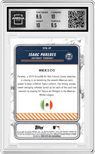 Isaac Paredes from the 2020 Bowman set featuring a Red Refractor parallel graded by Arena Club and given an overall grade of 10.