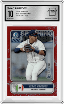 Isaac Paredes from the 2020 Bowman set featuring a Red Refractor parallel and given an overall grade of 10.