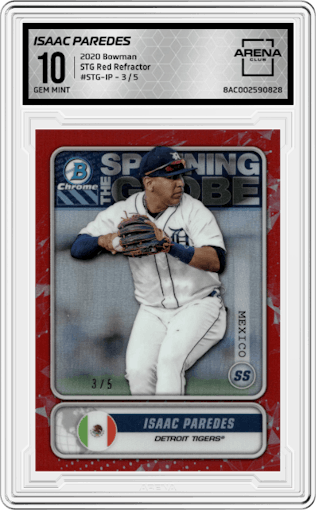 Isaac Paredes from the 2020 Bowman set featuring a Red Refractor parallel graded by Arena Club and given an overall grade of 10.
