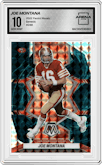 Joe Montana from the 2022 Panini Mosaic set featuring a Genesis parallel graded by Arena Club and given an overall grade of 10.