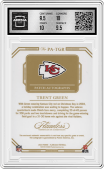 Trent Green from the 2023 Panini Flawless set featuring a Sapphire parallel and given an overall grade of 10.