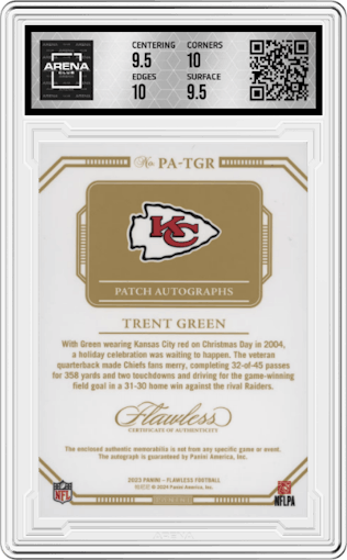 Trent Green from the 2023 Panini Flawless set featuring a Sapphire parallel graded by Arena Club and given an overall grade of 10.