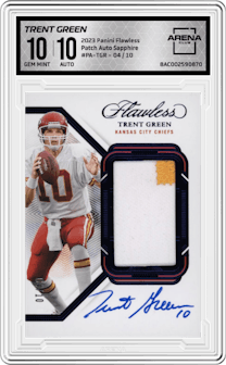 Trent Green from the 2023 Panini Flawless set featuring a Sapphire parallel and given an overall grade of 10.