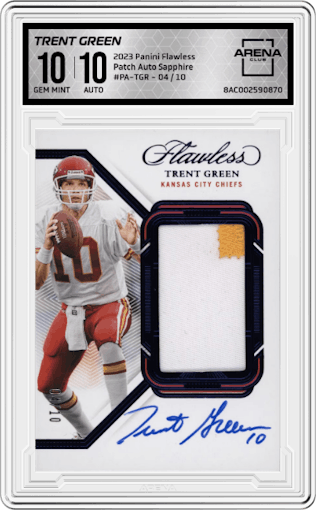 Trent Green from the 2023 Panini Flawless set featuring a Sapphire parallel graded by Arena Club and given an overall grade of 10.