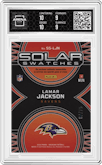 Lamar Jackson from the 2024 Panini Obsidian set featuring a Red parallel graded by Arena Club and given an overall grade of 9.5.