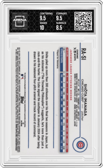 Shota Imanaga from the 2024 Topps Chrome set graded by Arena Club and given an overall grade of 9.