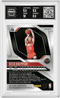Reed Sheppard from the 2024-25 Panini Prizm set featuring a Fast Break Blue parallel graded by Arena Club and given an overall grade of 9.