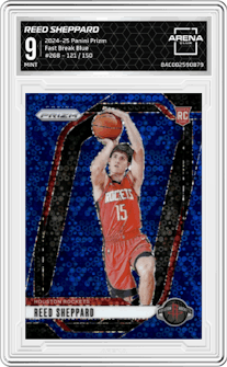 Reed Sheppard from the 2024-25 Panini Prizm set featuring a Fast Break Blue parallel graded by Arena Club and given an overall grade of 9.