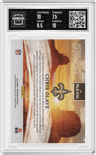 Chris Olave from the 2022 Panini Impeccable set featuring a Bronze parallel graded by Arena Club and given an overall grade of 8.