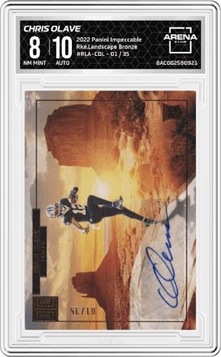 Chris Olave from the 2022 Panini Impeccable set featuring a Bronze parallel graded by Arena Club and given an overall grade of 8.