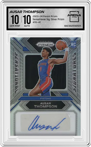 Ausar Thompson from the 2023-24 Panini Prizm set featuring a Silver Prizm parallel graded by Arena Club and given an overall grade of 10.