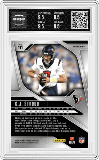 C.J. Stroud from the 2024 Panini Prizm set featuring a Black & White Checker parallel graded by Arena Club and given an overall grade of 9.