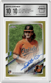 Dean Kremer from the 2021 Topps Chrome set featuring a Gold Refractor  parallel graded by Arena Club and given an overall grade of 10.