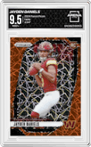 Jayden Daniels from the 2024 Panini Prizm set featuring a Lazer Prizm parallel graded by Arena Club and given an overall grade of 9.5.