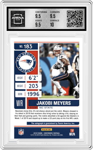 Jakobi Meyers from the 2019 Panini Contenders set graded by Arena Club and given an overall grade of 10.