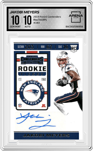 Jakobi Meyers from the 2019 Panini Contenders set graded by Arena Club and given an overall grade of 10.