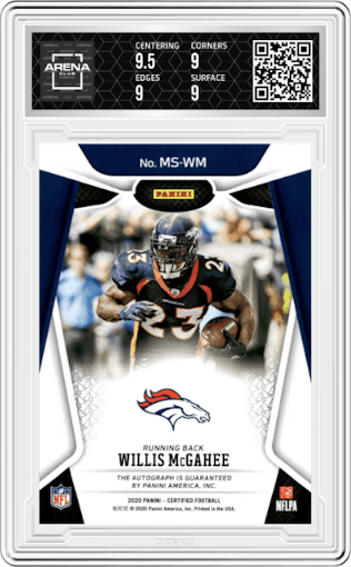 Willis McGahee from the 2020 Panini Certified set featuring a Red parallel graded by Arena Club and given an overall grade of 9.