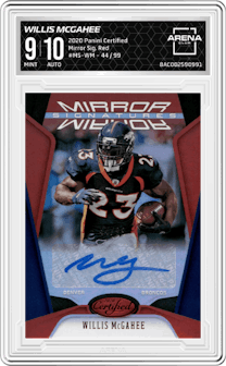 Willis McGahee from the 2020 Panini Certified set featuring a Red parallel graded by Arena Club and given an overall grade of 9.