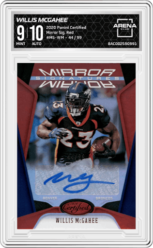 Willis McGahee from the 2020 Panini Certified set featuring a Red parallel graded by Arena Club and given an overall grade of 9.