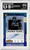 Chuba Hubbard from the 2021 Panini Contenders   set featuring a Reverse Ticket SSP parallel graded by Arena Club and given an overall grade of 9.5.