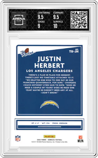 Justin Herbert from the 2020 Panini Donruss set graded by Arena Club and given an overall grade of 9.5.