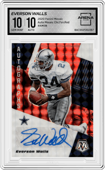 Everson Walls from the 2020 Panini Mosaic set featuring a Choice Fusion Red parallel graded by Arena Club and given an overall grade of 10.