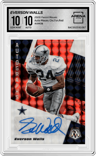 Everson Walls from the 2020 Panini Mosaic set featuring a Choice Fusion Red parallel graded by Arena Club and given an overall grade of 10.