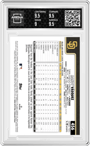 Randy Vasquez from the 2025 Topps set graded by Arena Club and given an overall grade of 9.5.