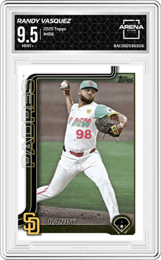 Randy Vasquez from the 2025 Topps set graded by Arena Club and given an overall grade of 9.5.