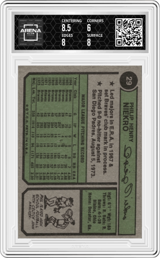 Phil Niekro from the 1974 Topps set graded by Arena Club and given an overall grade of 6.5.